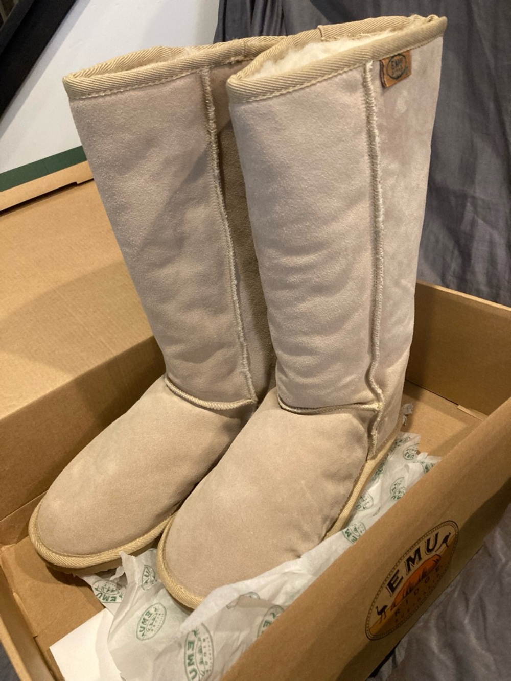 Emu Tall Merino Wool Suede Winter Boots in Light Beige New with box